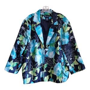 SUSAN GRAVER Women Plus 3X Blazer Jacket Satiny Floral Blue Green 3/4 Sleeve 54"
